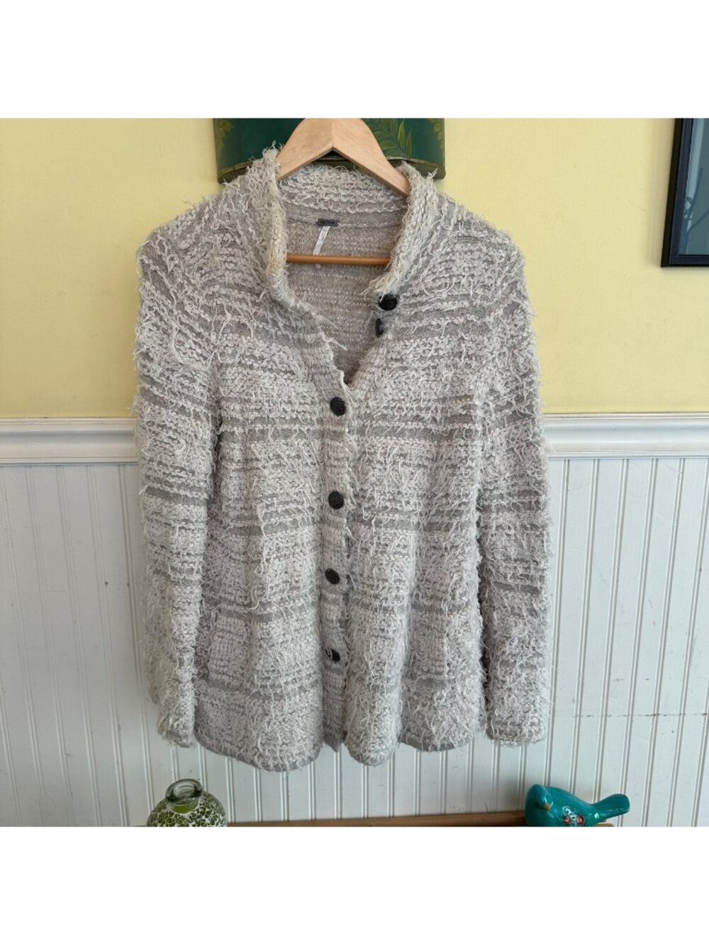Free People Textured Knit Button-Up Cardigan Sweater S Gray
